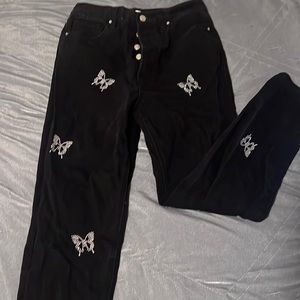 High rise black jeans with butterflies